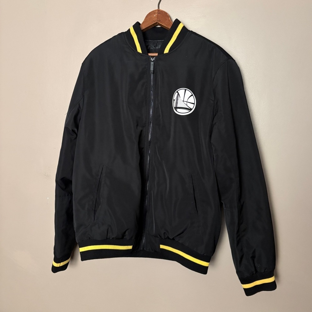 NBA Golden State Warriors black bomber jacket quilted full zip streetwear sz L - Picture 2 of 14
